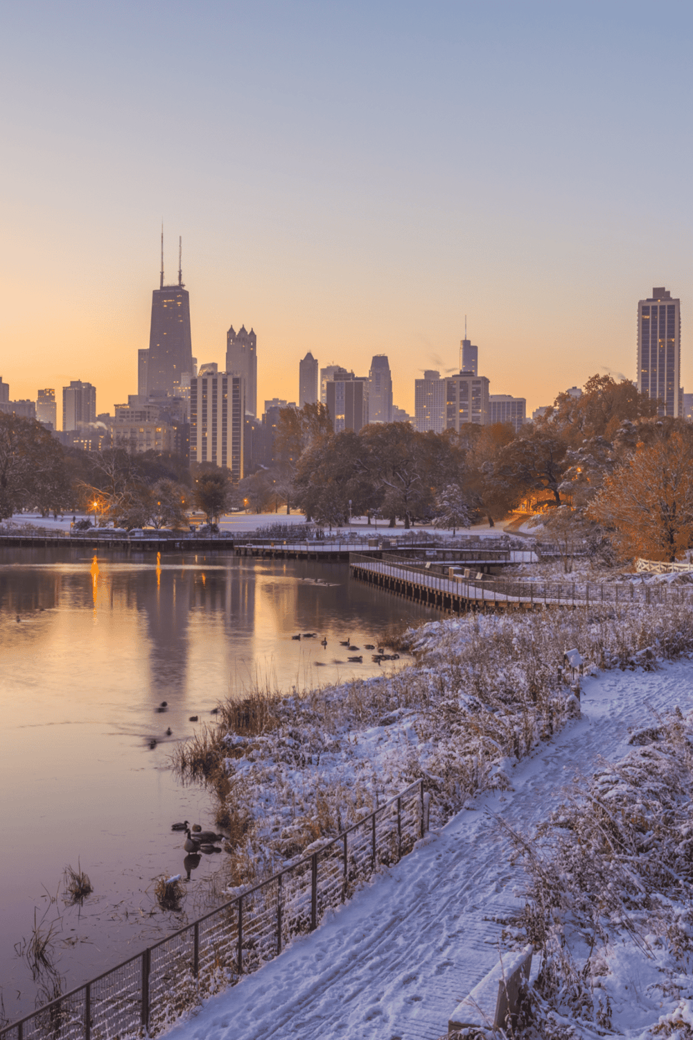 Chicago skyline winter cityscape with lake, trees, and snow-dusted pathways.