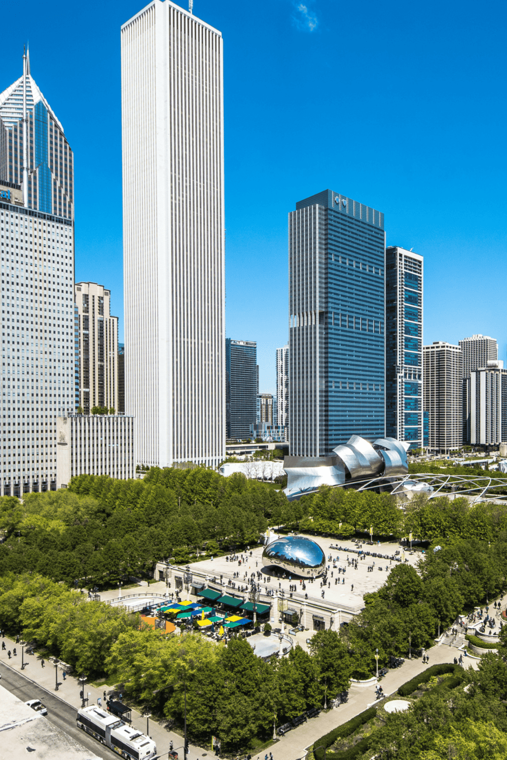 Modern Chicago skyline and Millennium Park, popular tourist destination in downtown Chicago.