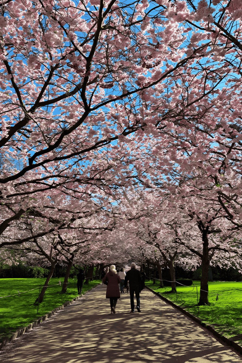 Vibrant cherry blossom trees lining a park pathway in spring, ideal for nature walks and outdoor recreation.