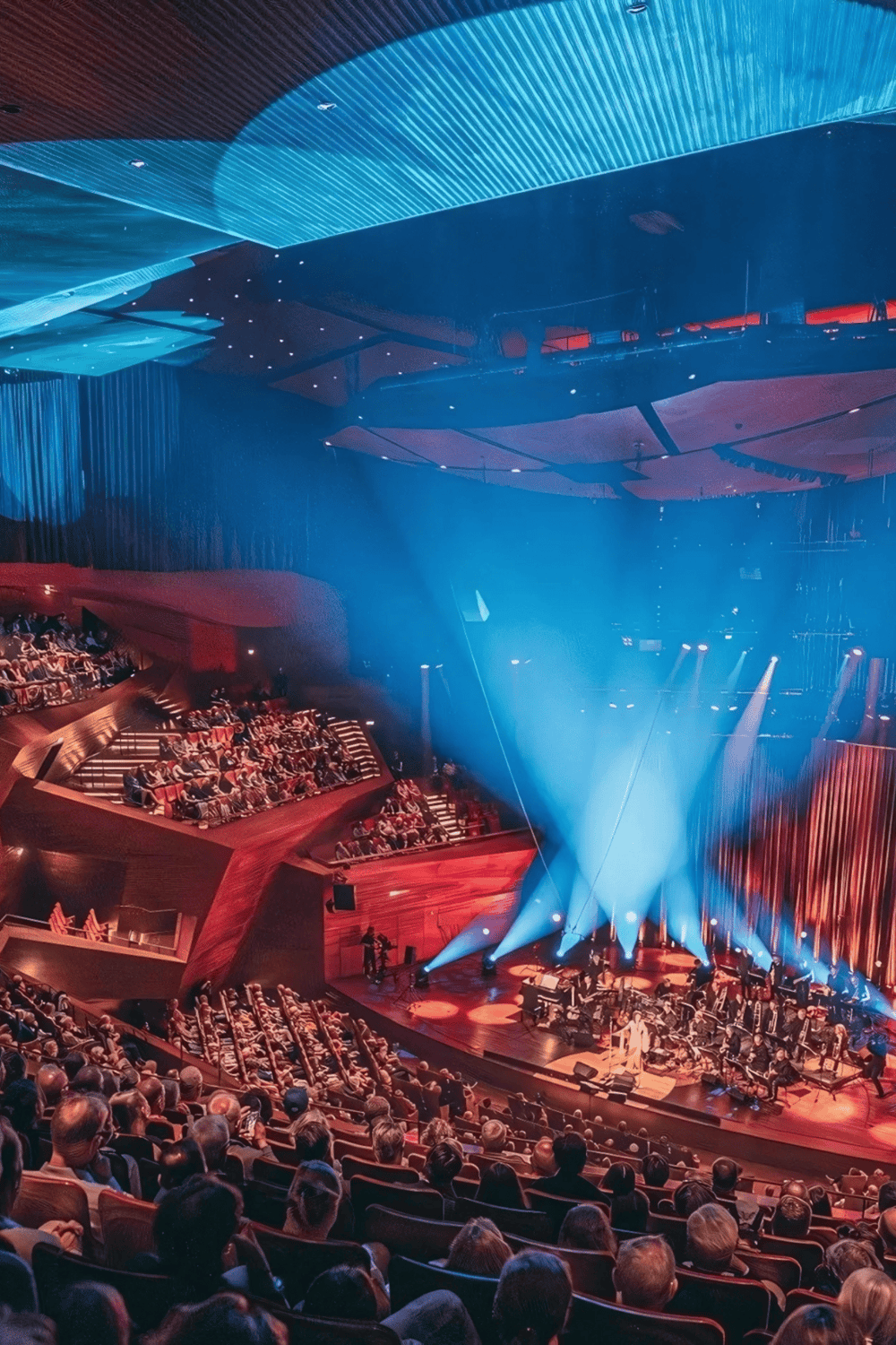 Vibrant concert hall with an audience, stage lighting, and live music performance at QuestForDirections.