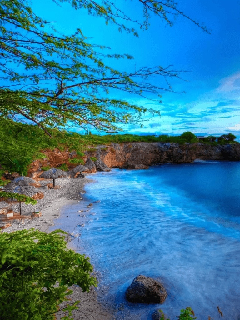 Serene beach with turquoise water, rocky shoreline, lush greenery, and clear blue sky. Perfect for relaxing travel and seaside adventures.