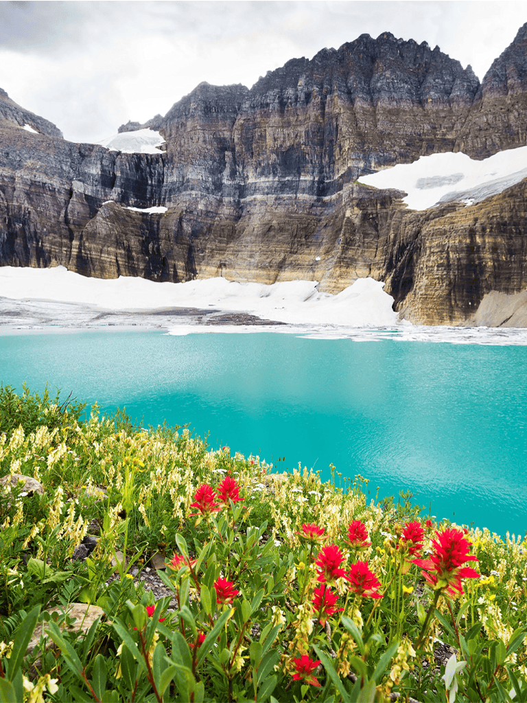 Vivid alpine landscape with turquoise lake, colorful wildflowers, and rugged mountain cliffs under cloudy sky.