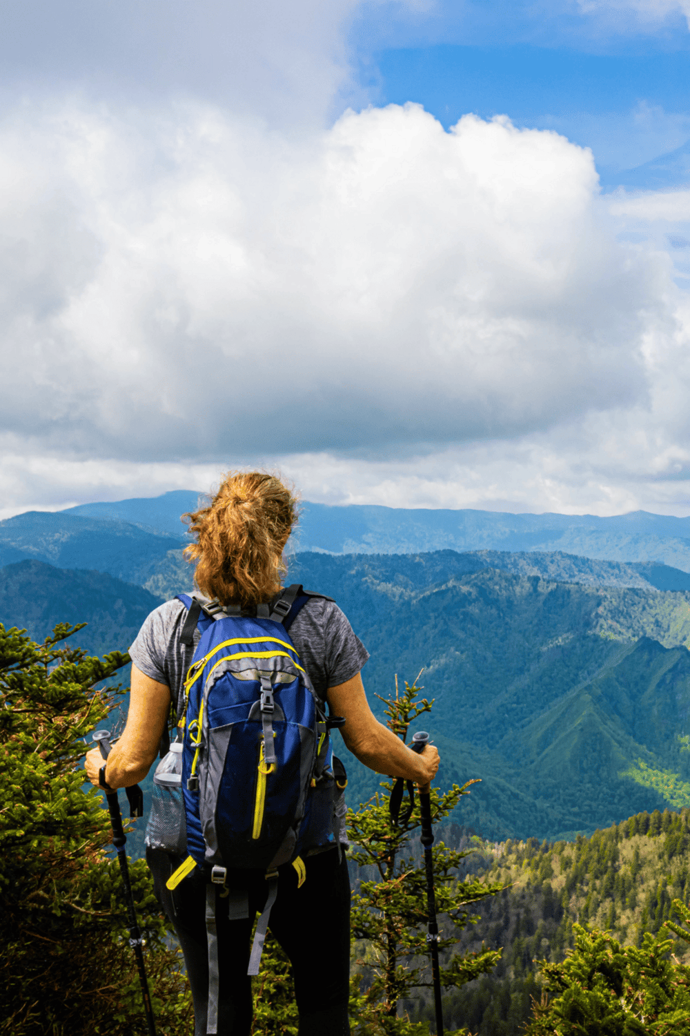 Vast mountain landscape with hiker using trekking poles, exploring nature, outdoor adventure, and scenic views.