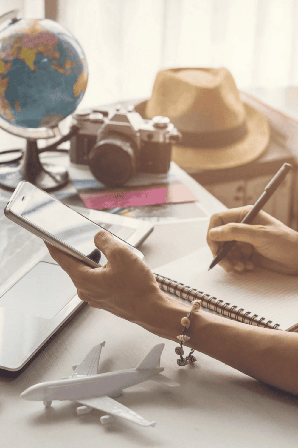 Global travel planning with digital maps and travel accessories.