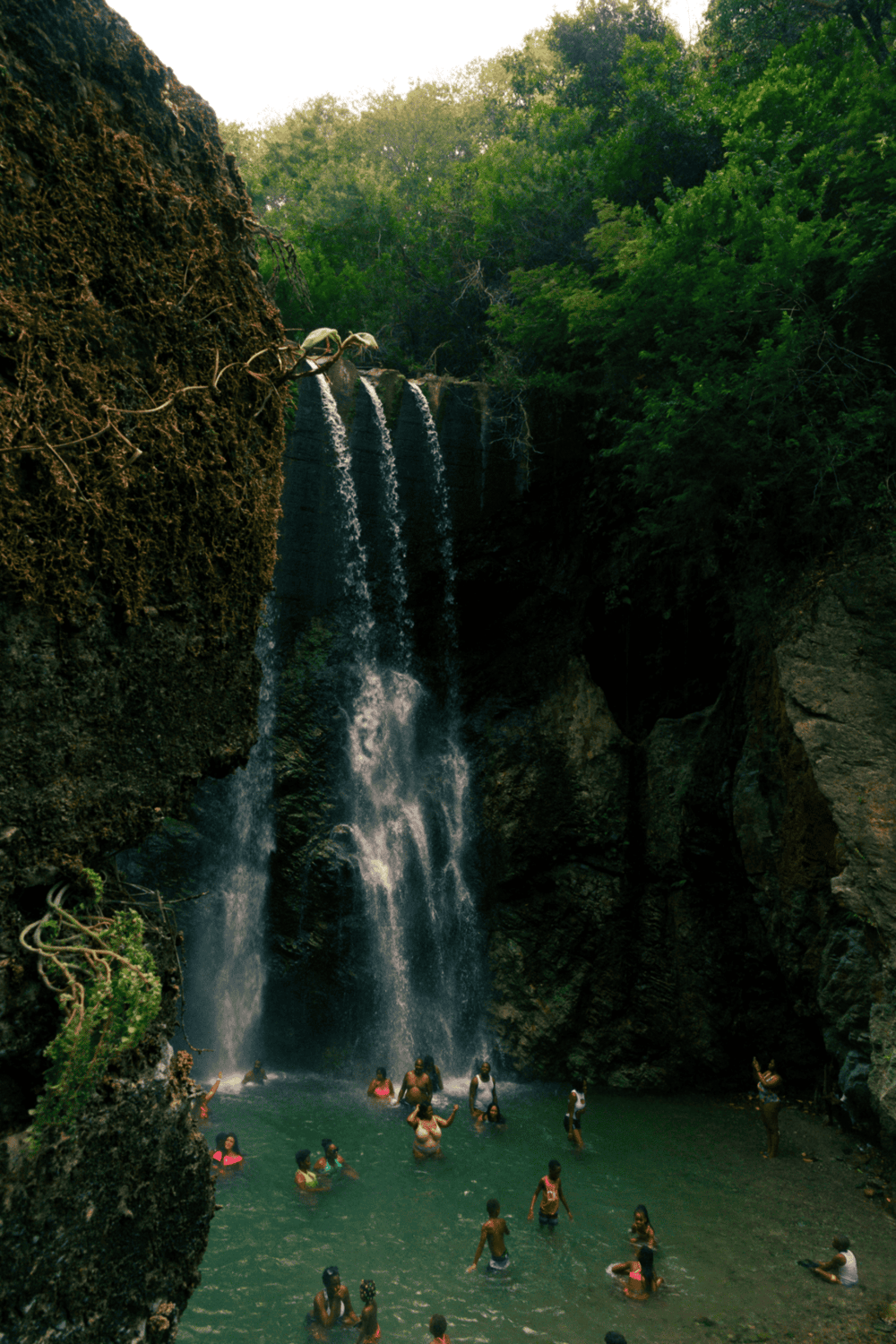 Lush jungle waterfall with swimmers enjoying a natural pool, showcasing outdoor adventure and nature exploration.