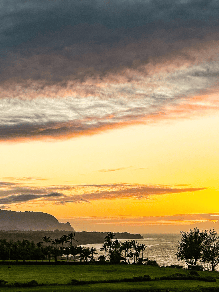 Vibrant sunset over lush green landscape and ocean, perfect for travel and adventure planning.