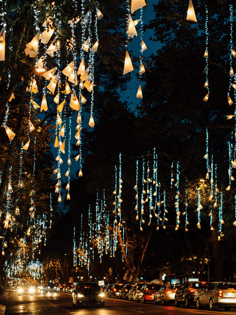 Twinkling outdoor string lights hanging above city street at night, festive atmosphere, illuminated trees, cars driving by.