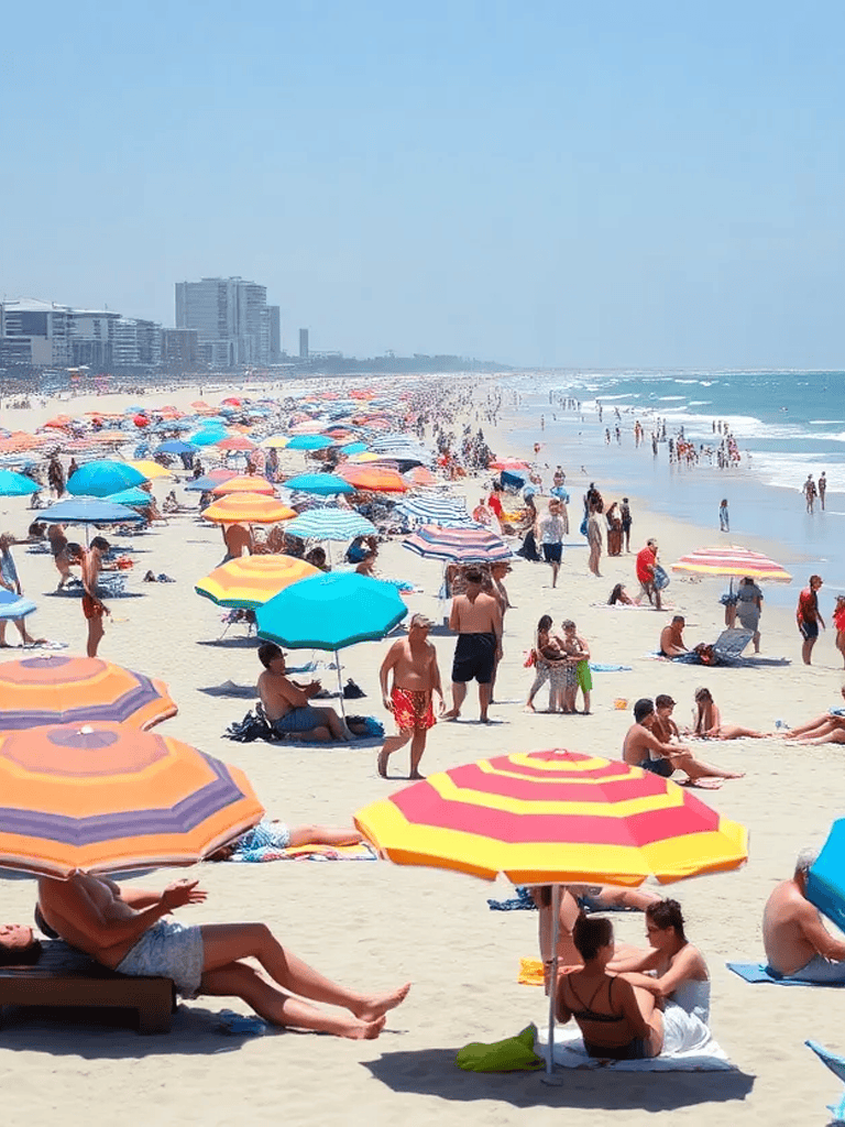 Relaxing beach scene with colorful umbrellas and sunny weather, perfect for a seaside vacation.