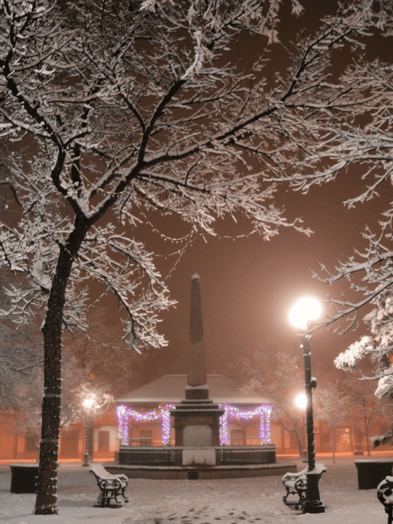 Snow-covered park with monument, festive lights, and decorated trees at night.