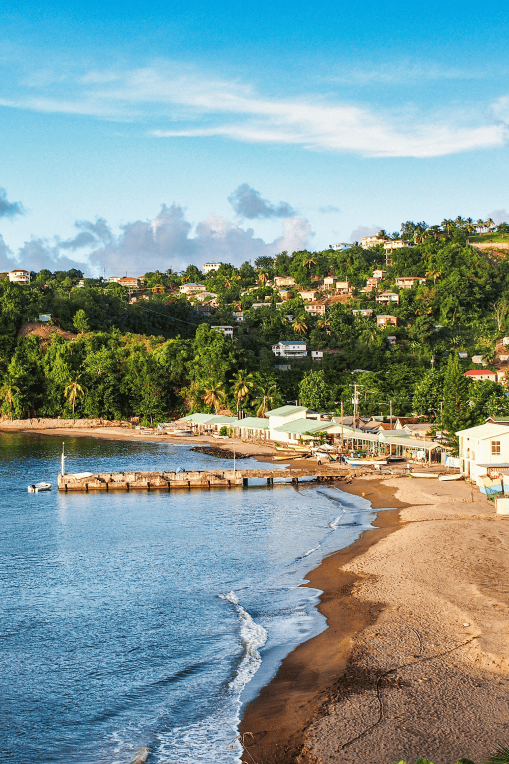 Seaside village with sandy beach, lush green hillside, and houses overlooking the ocean.