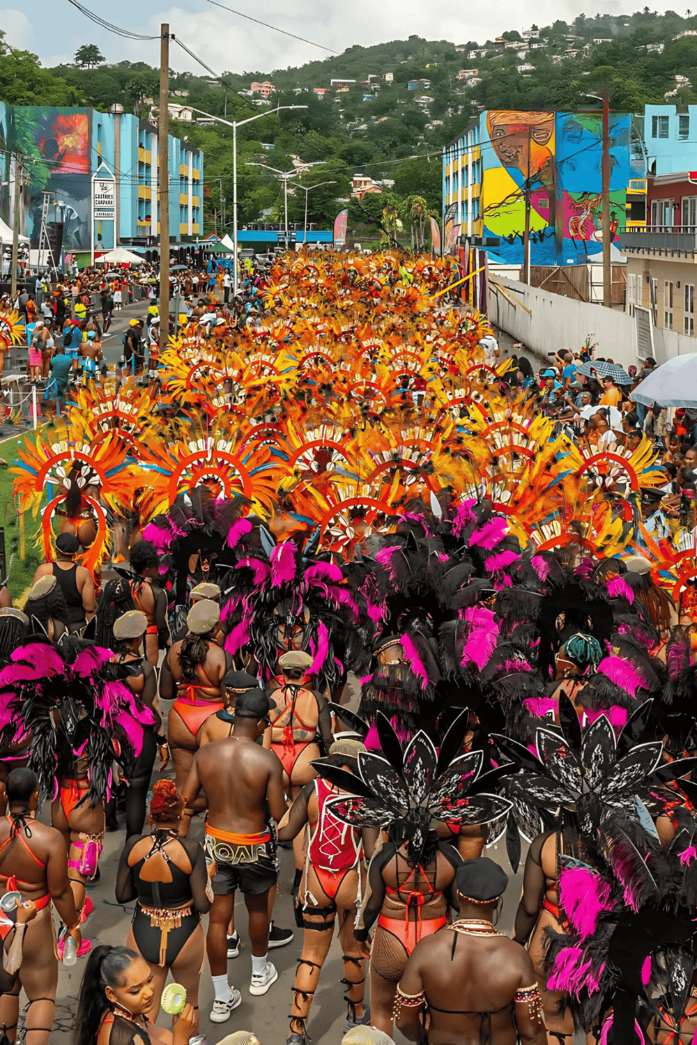 Festival parade featuring colorful costumes and traditional decorations in an urban area.