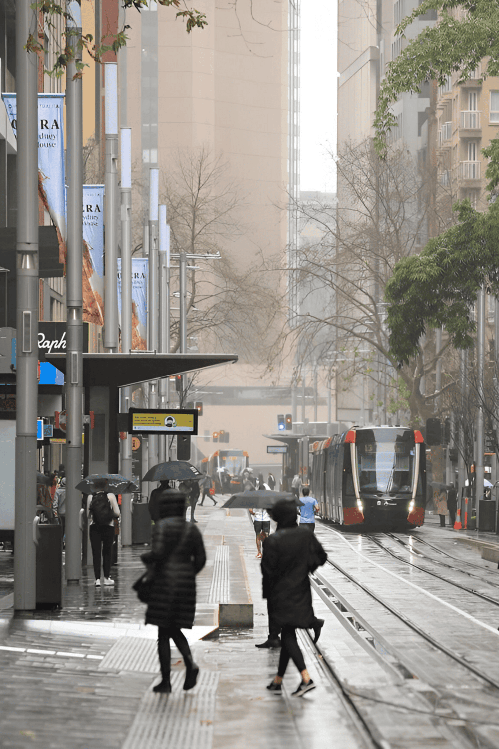 A city street scene featuring a modern tram, pedestrians with umbrellas, and tall buildings in a busy urban setting.