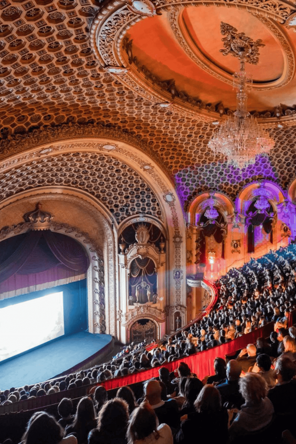 Elegant theater interior with ornate architecture and a large audience for a live performance or movie showing.