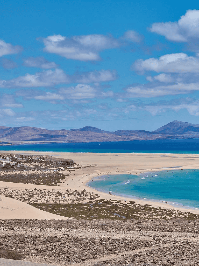Vast desert landscape with coastal blue ocean and mountains under partly cloudy sky.