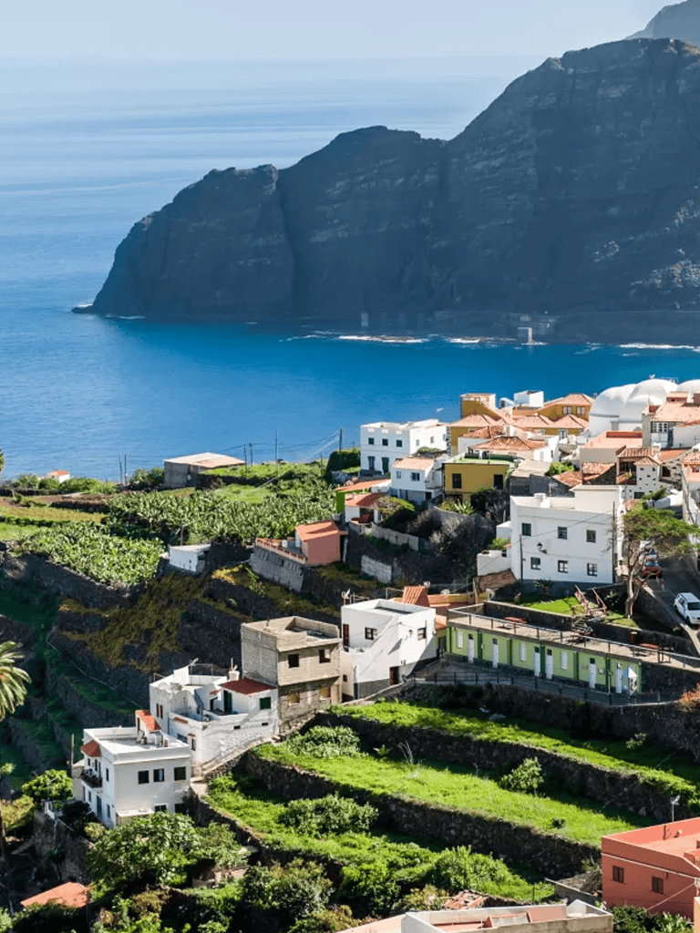 Colorful coastal village with terraced gardens and ocean views at scenic seaside destination.