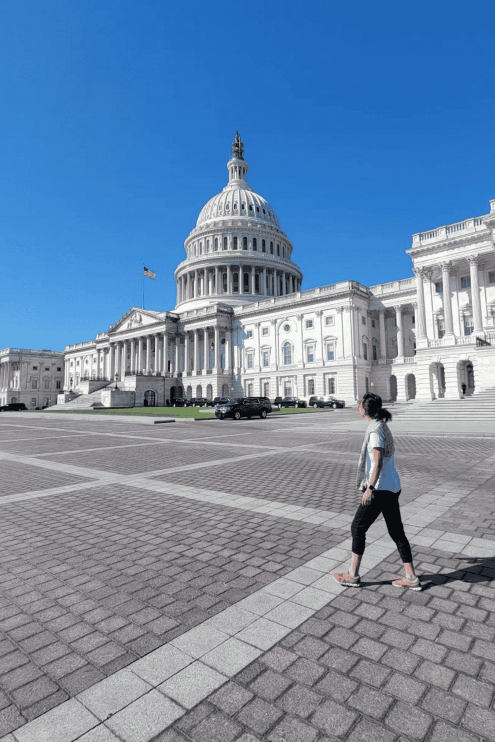 Victorian-style woman walking in front of the U.S. Capitol building in Washington, D.C.