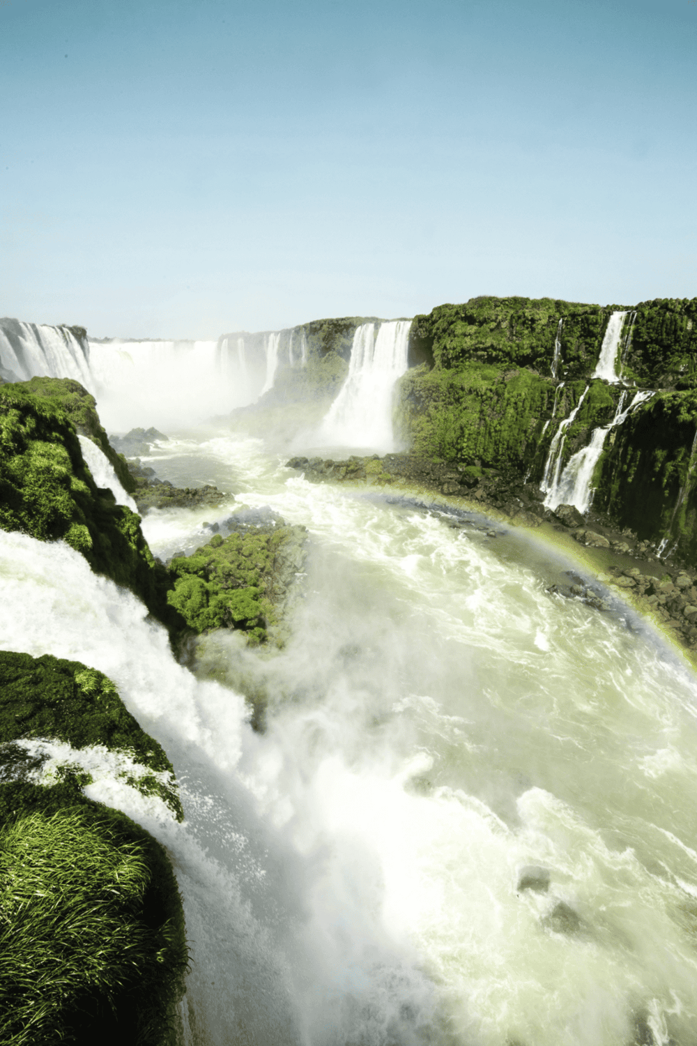 Spectacular Iguazu Falls with cascading waterfalls and lush greenery in Argentina and Brazil.
