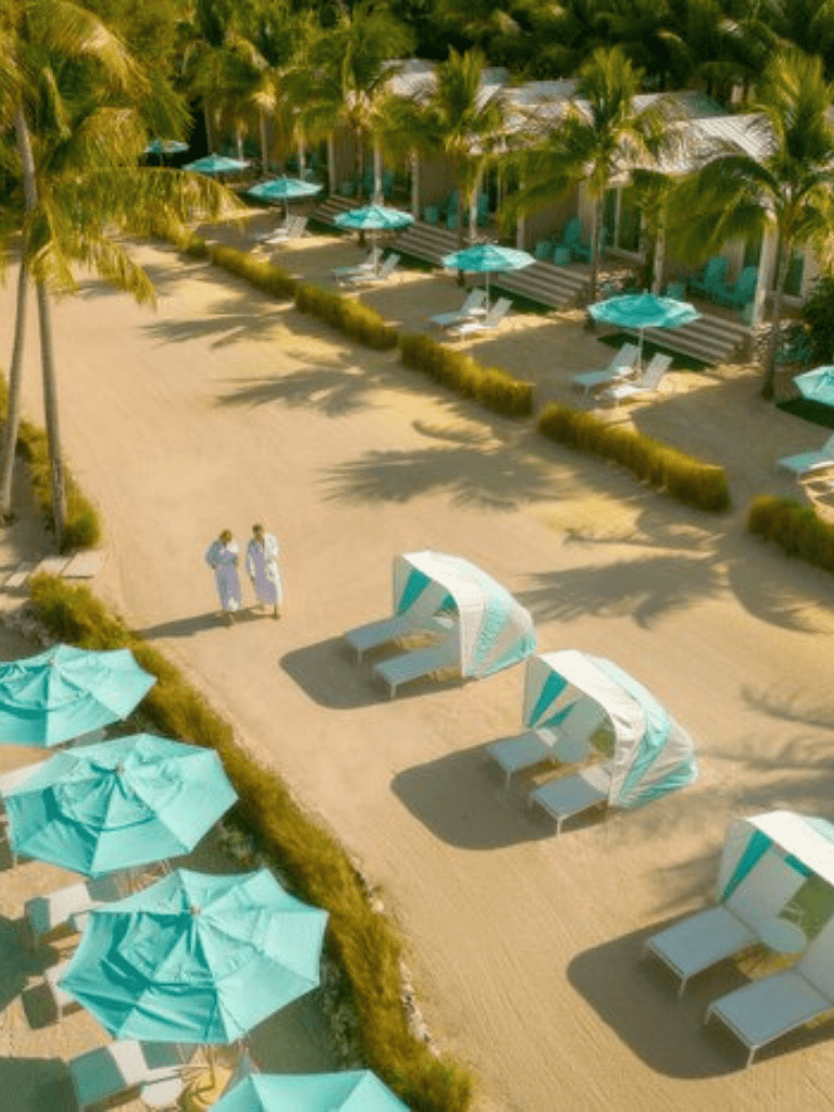 Relaxing beach resort with cabanas and sun loungers under palm trees, perfect for vacation relaxation.