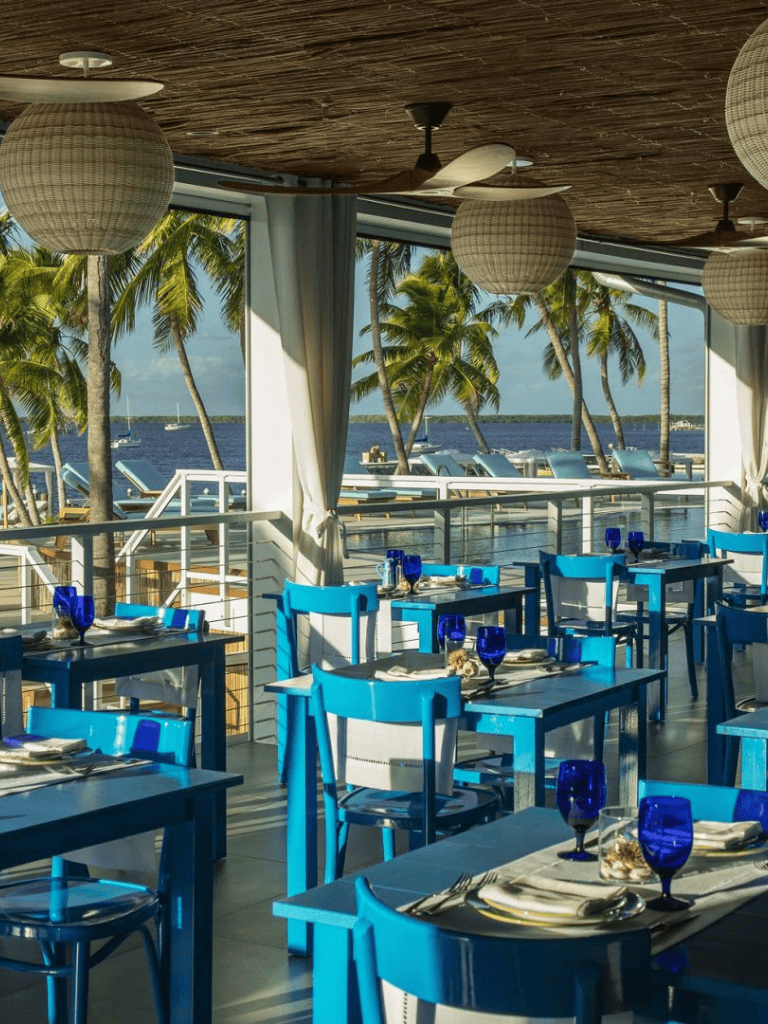 Beachside beachfront restaurant with ocean views and tropical palm trees.