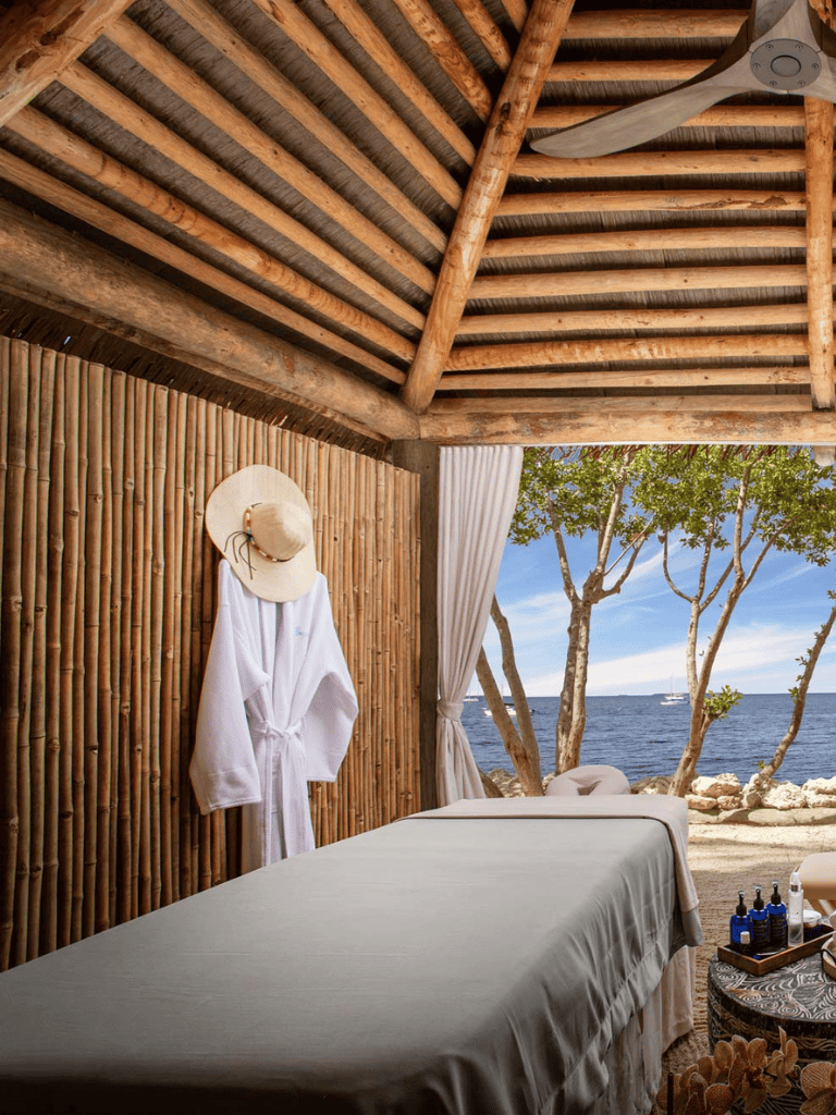 Relaxing beachfront massage room with ocean views and tropical decor for ultimate wellness and relaxation.