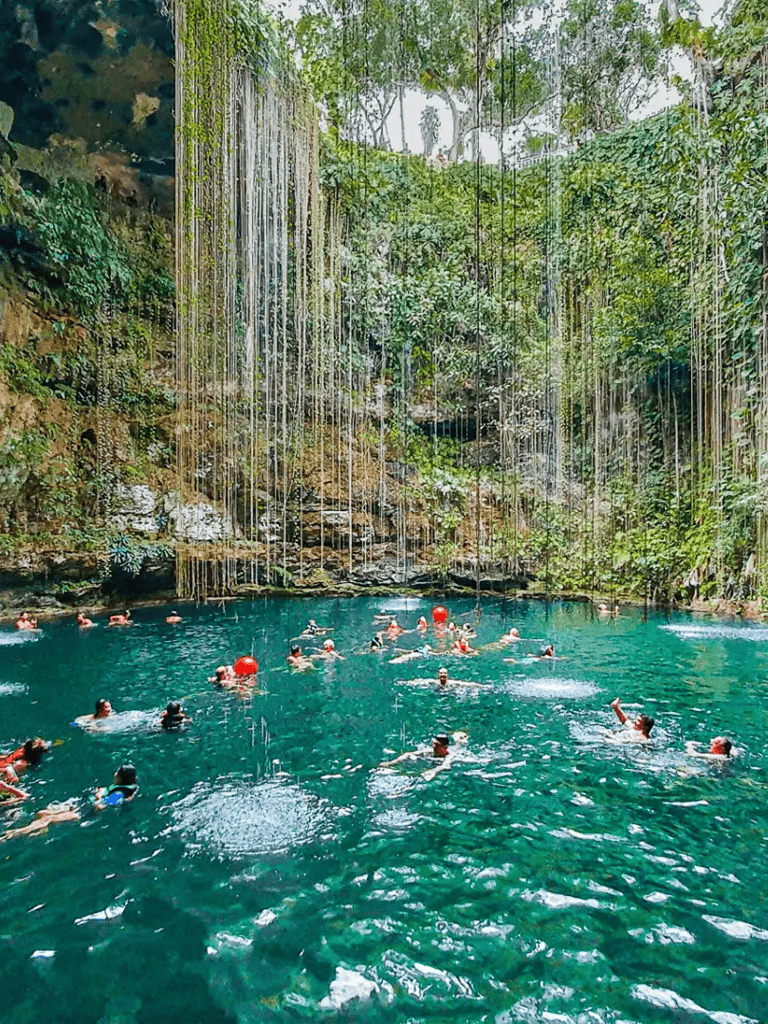 Swimmers diving into turquoise cenote with lush greenery waterfall at QuestForDirections.