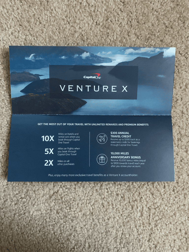 1. Capital One Venture X travel rewards card promotional flyer, benefits, miles, credit, bonus.