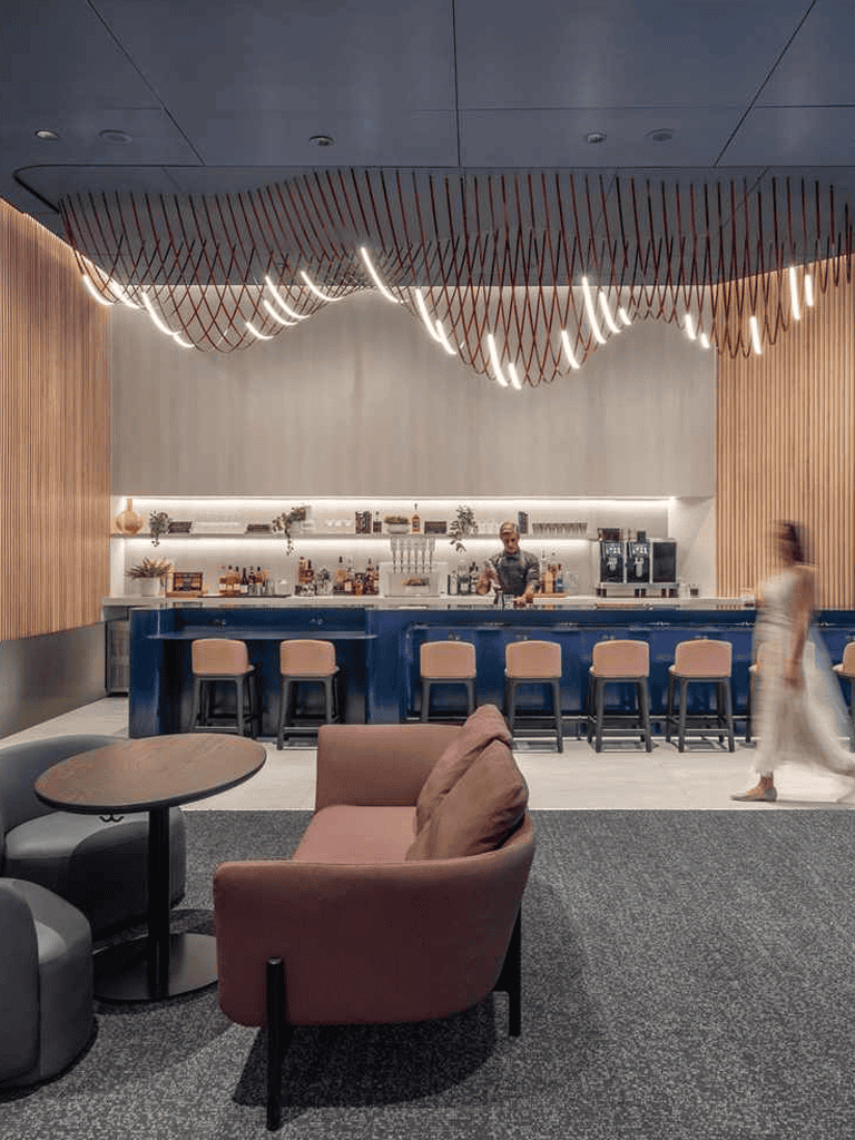 Modern hotel lounge with stylish seating and contemporary lighting fixtures.