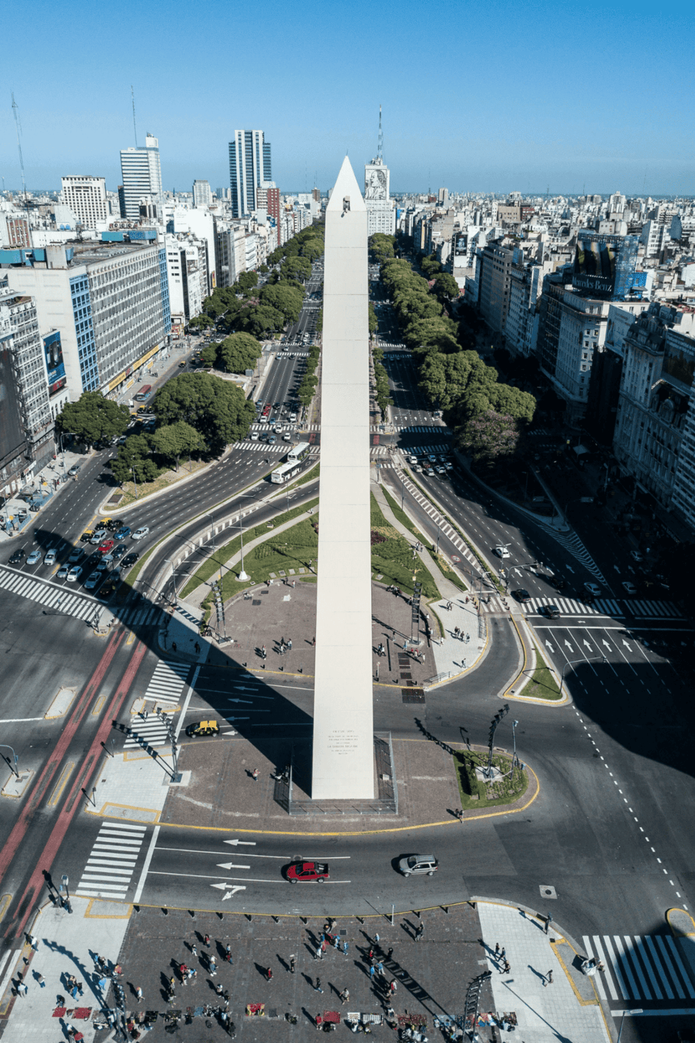 Aerial view of the iconic Obelisco in Buenos Aires city center, surrounded by busy streets and tall buildings.