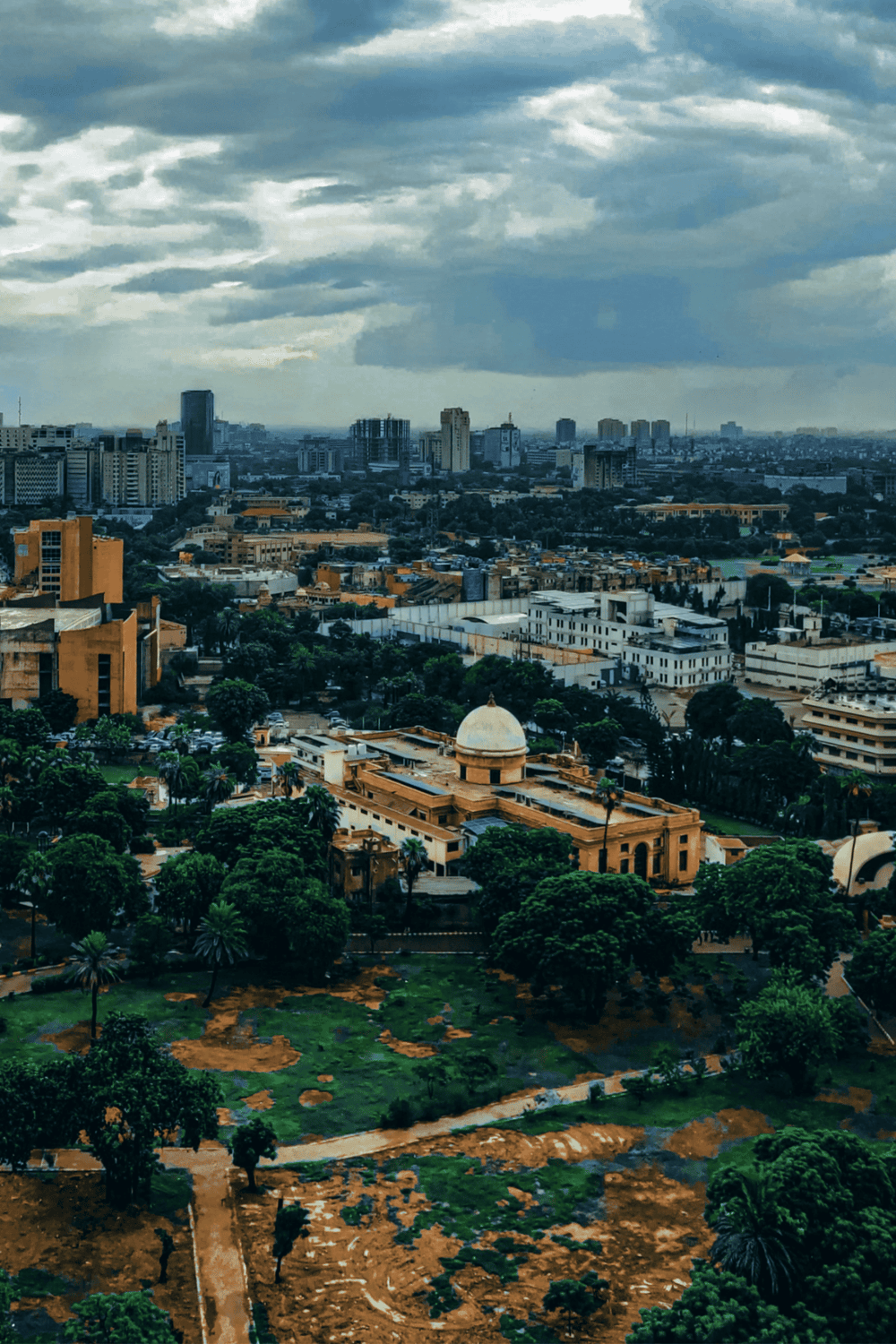 View of Nairobi city skyline and historic buildings from high vantage point in Kenya.