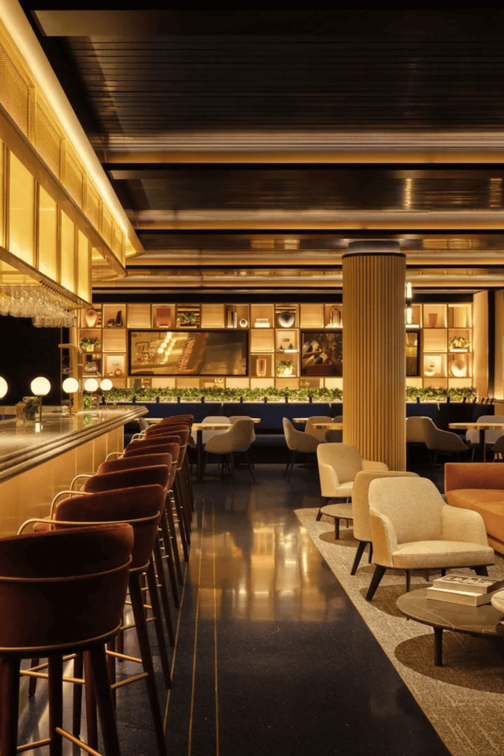 Elegant modern hotel lounge with comfortable seating and stylish décor.