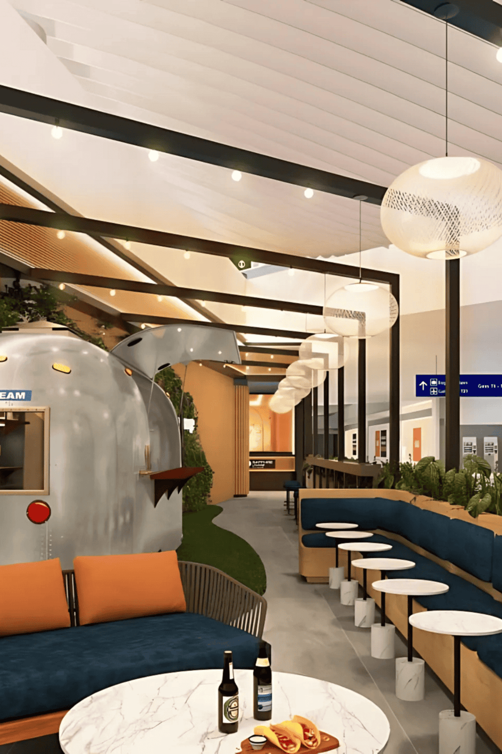 Modern airport lounge with stylish seating and contemporary lighting, ideal for travelers seeking comfort and relaxation.