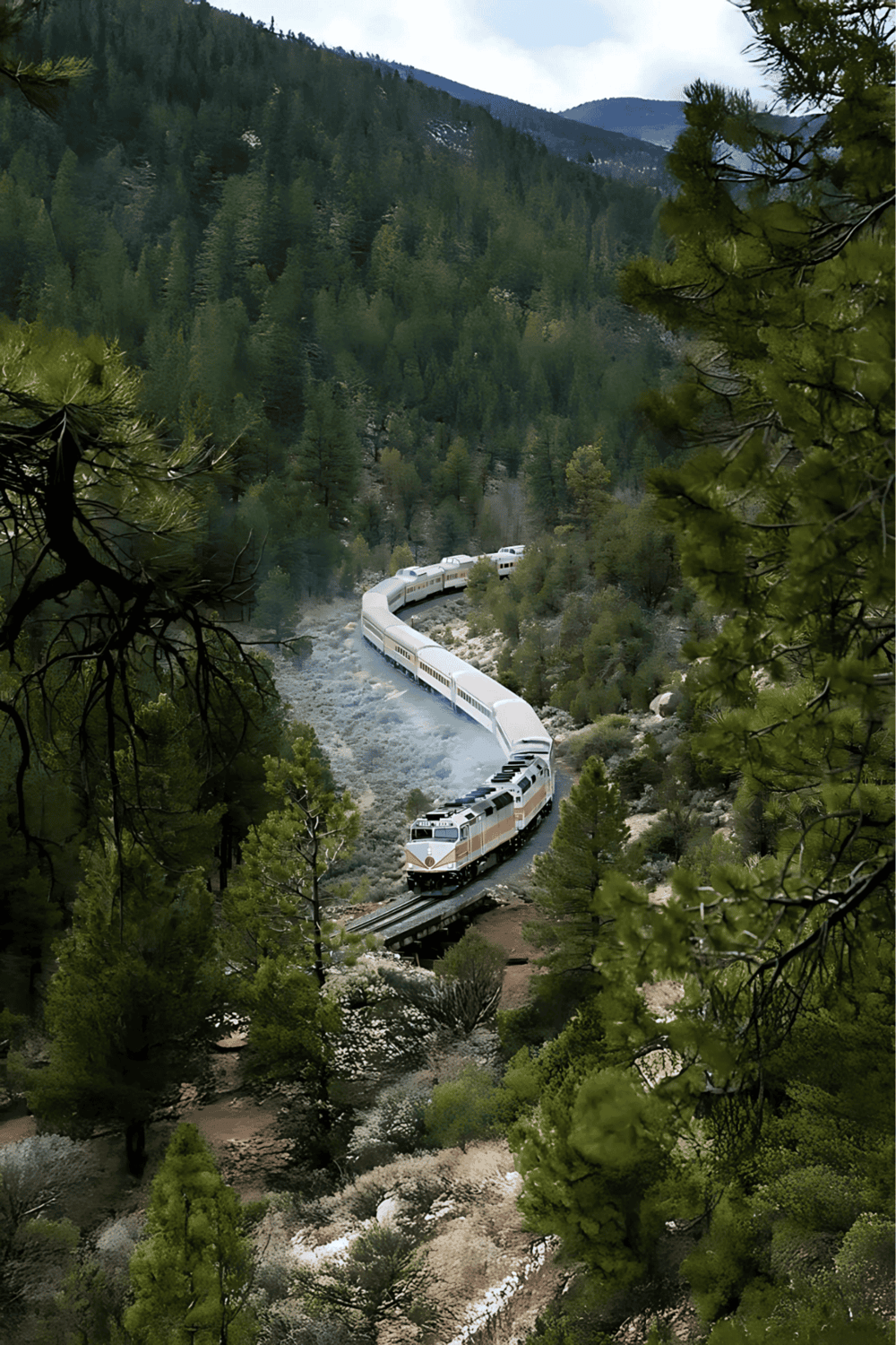 Aerial view of a scenic train traveling through a dense forested mountainous landscape.