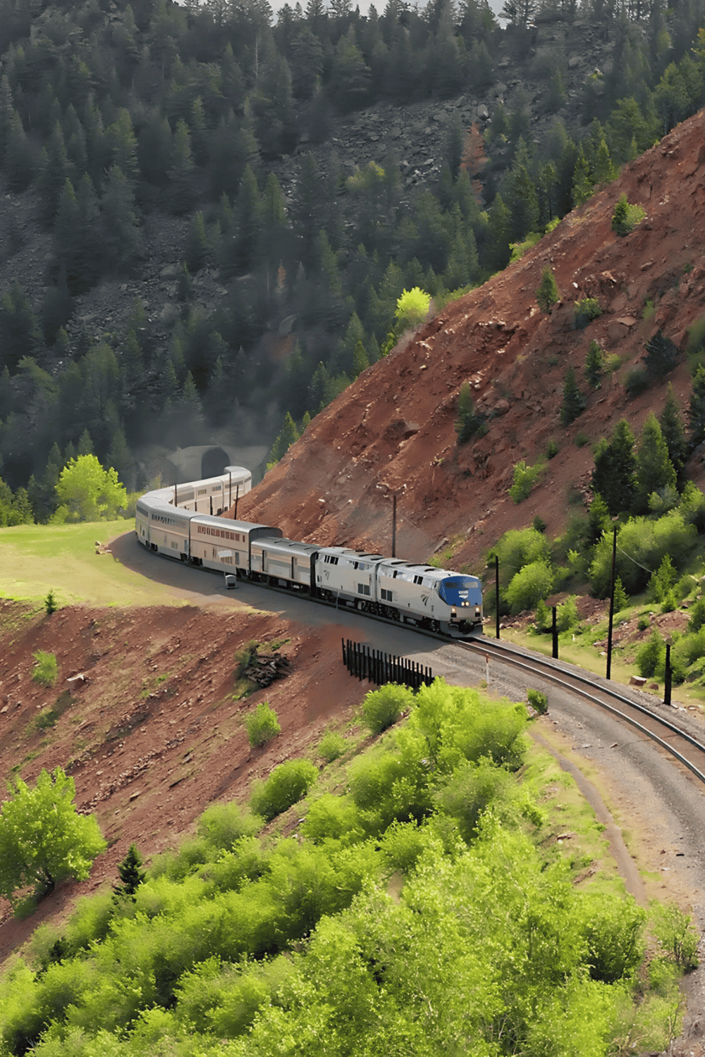 Vibrant US scenic train passing through lush green forest and rugged terrain, offering a memorable travel experience.