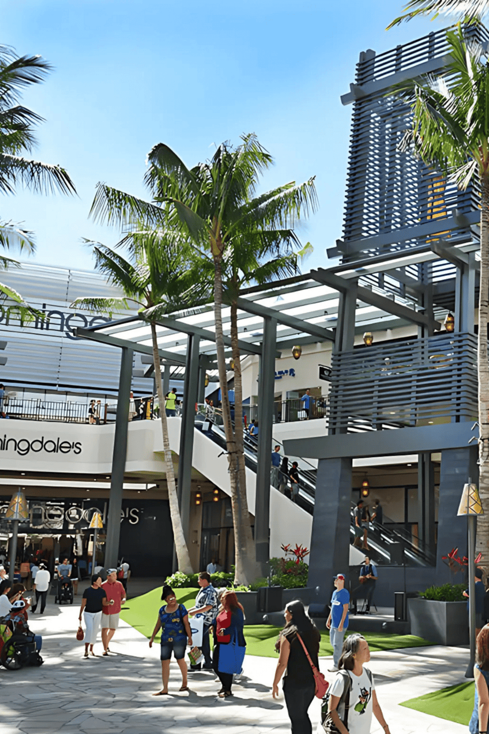 1. Modern shopping mall in QuestForDirections with palm trees and outdoor walking area.