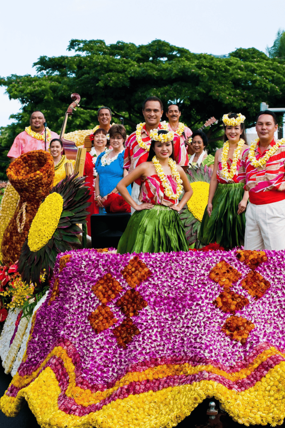 Colorful traditional Hawaiian parade with floral leis and costumes, vibrant festival celebration, island cultural event, Polynesian dance, floral floats.