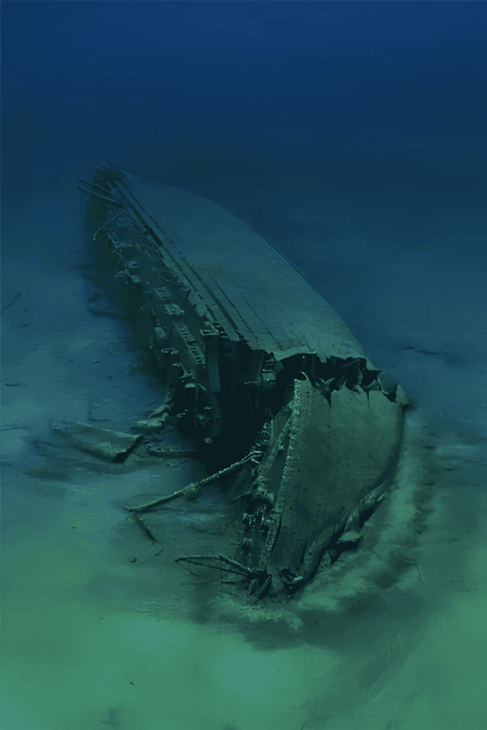 Wrecked airplane underwater, representing aviation accident exploration and marine investigation.