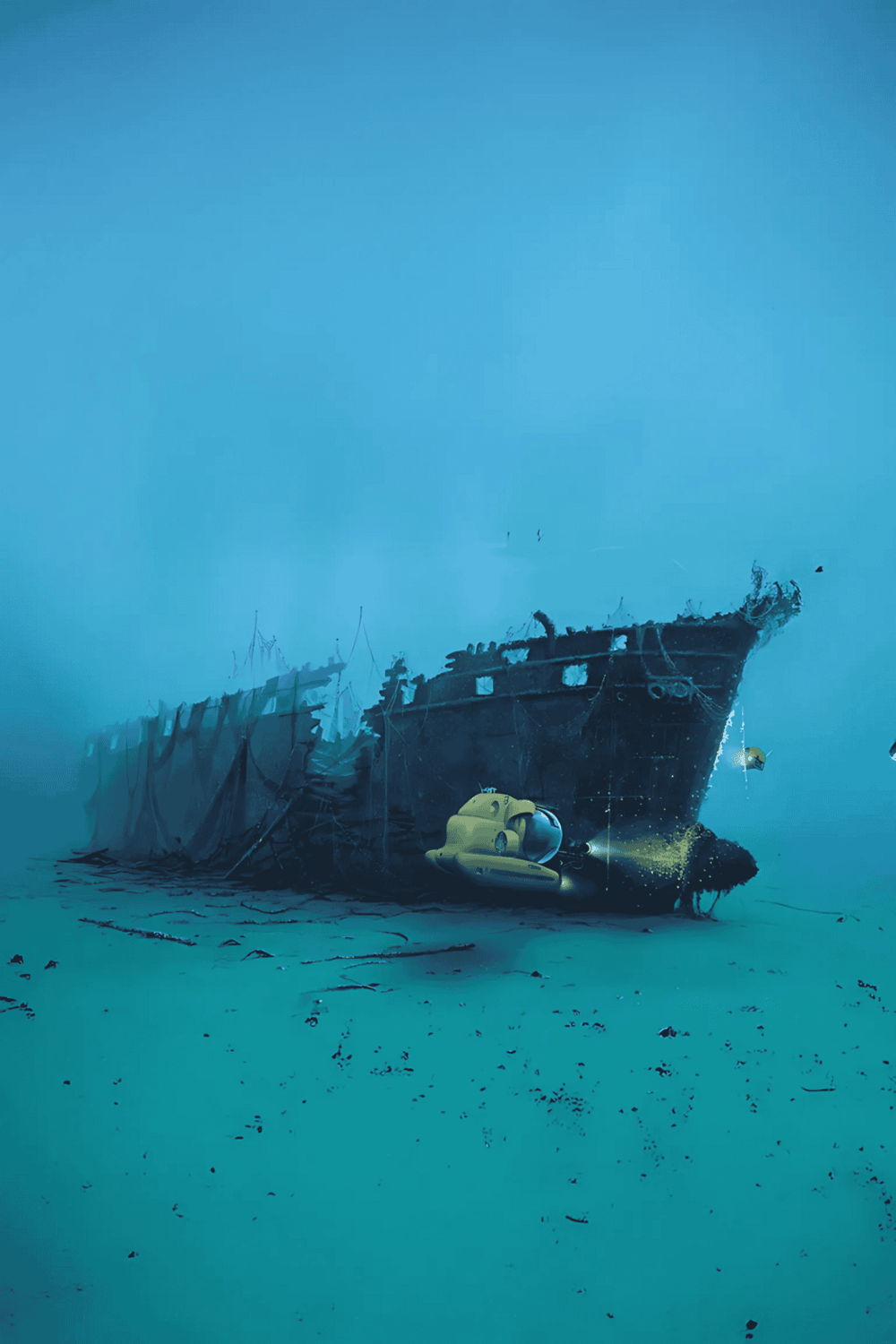 Wrecked ship underwater with a small submarine exploring the ocean floor.