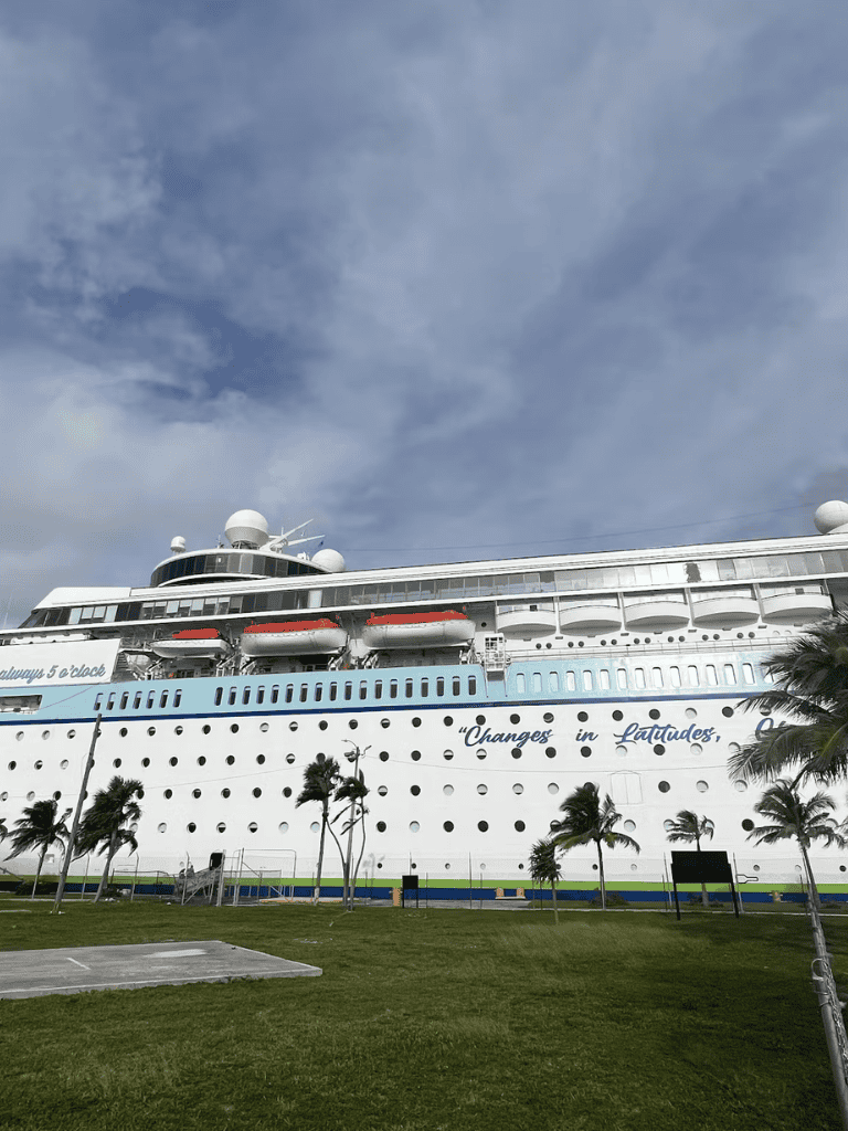 Relaxing cruise ship docked at port with palm trees and blue sky in the background.