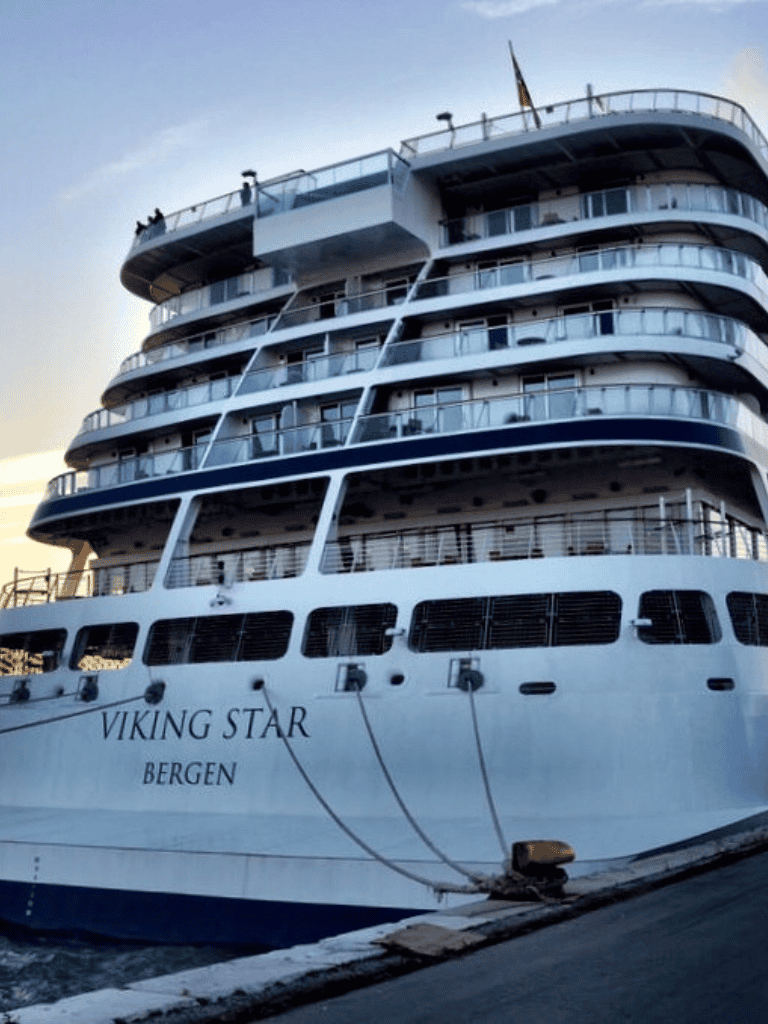 Luxury cruise ship Viking Star at Bergen port, Norway, sailing for scenic fjord cruises.