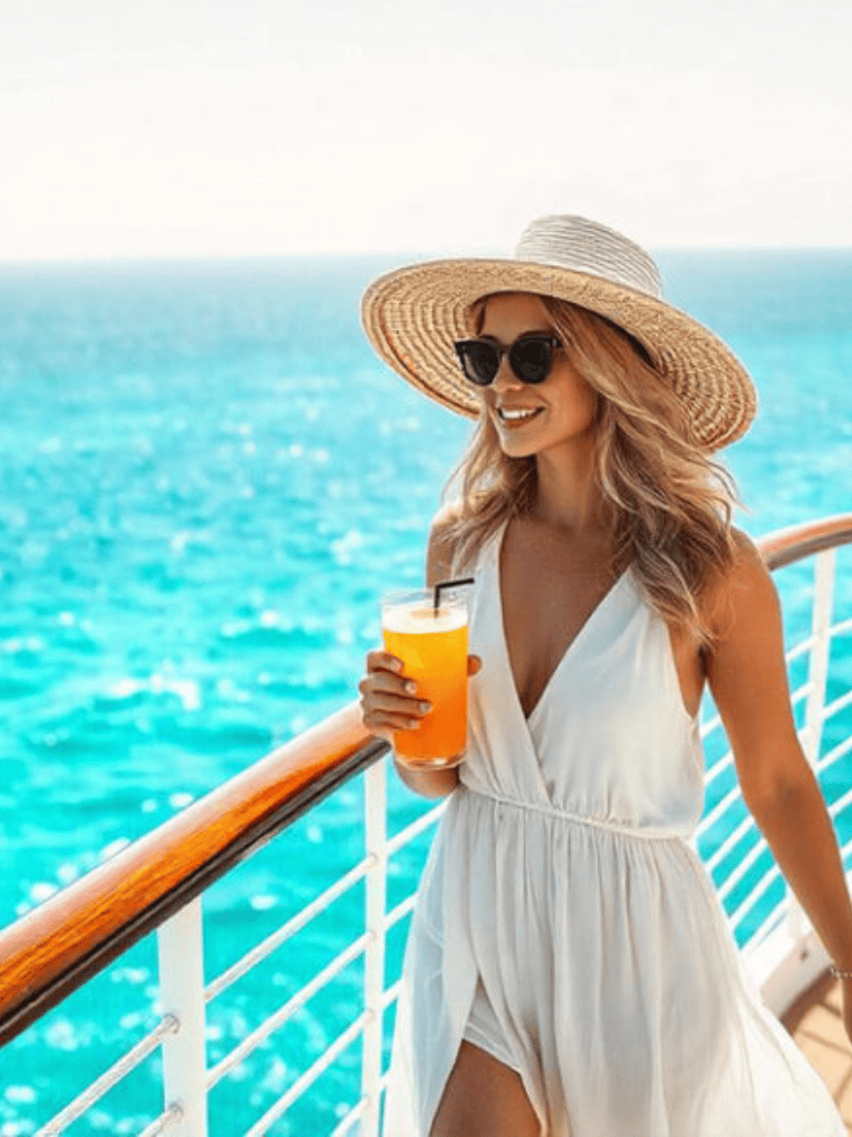 Relaxed woman enjoying tropical vacation on cruise ship deck with ocean view and drink in hand.
