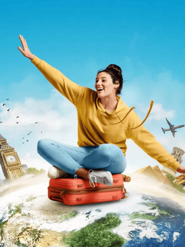 1. Smiling woman sitting on suitcase with travel landmarks background, travel planning, adventure.