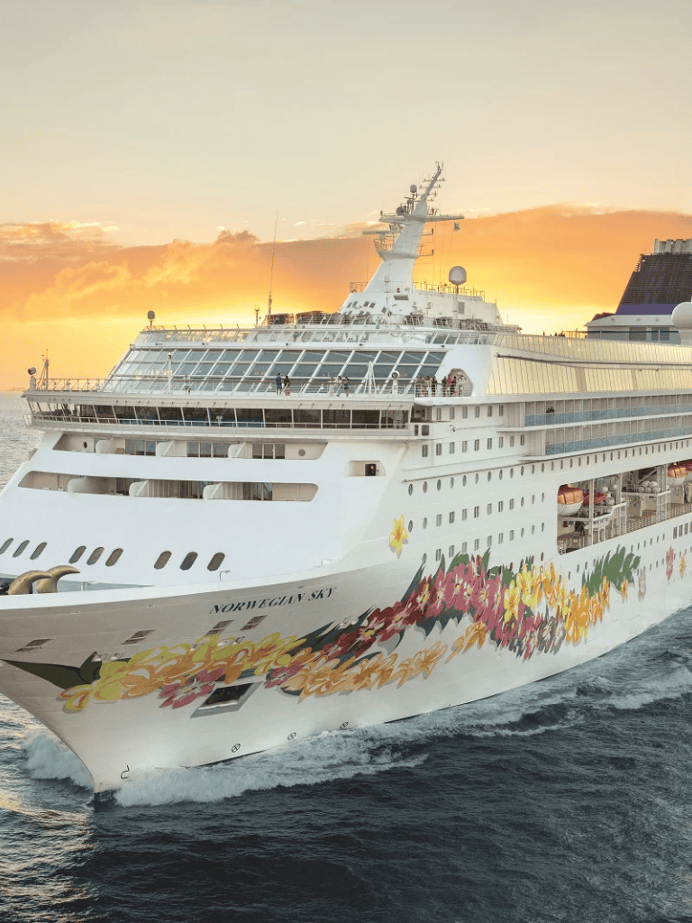 Luxury cruise ship at sunset with floral design, exploring ocean travel and vacation experiences.