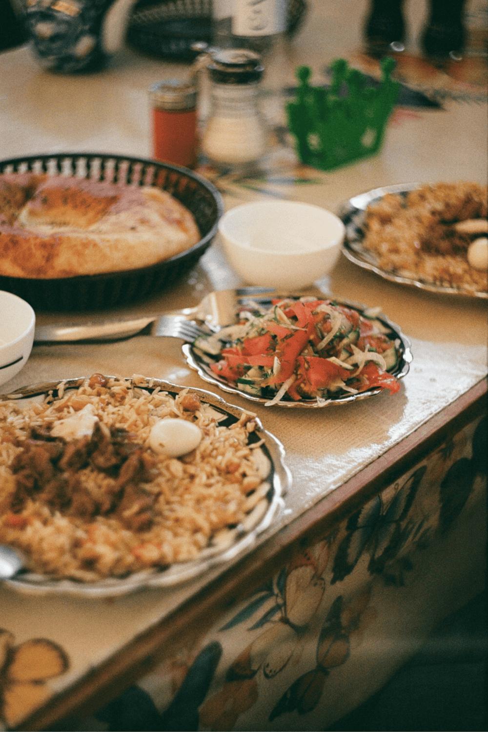 Fresh homemade Middle Eastern dishes served on a decorative table for a cultural dining experience.