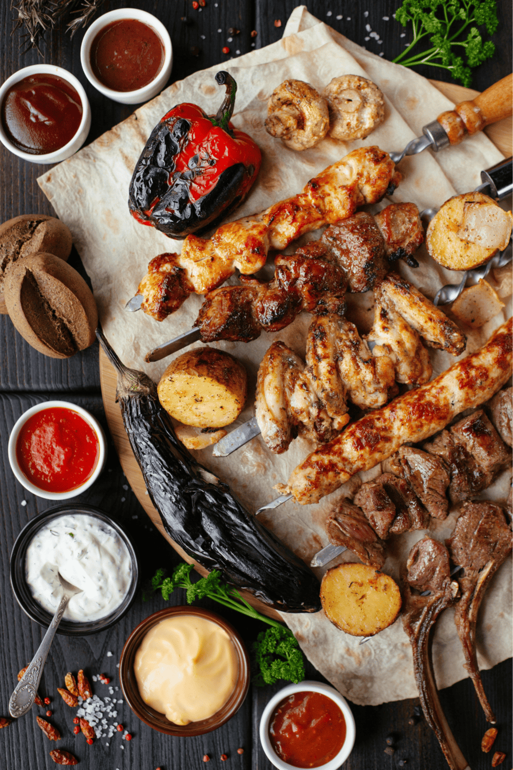 Grilled meat skewers with roasted vegetables and dipping sauces on a rustic wooden table.