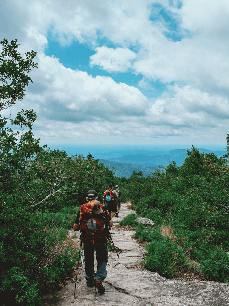 Hiking adventure on mountain trail with lush greenery, blue skies, and scenic views for outdoor explorers.