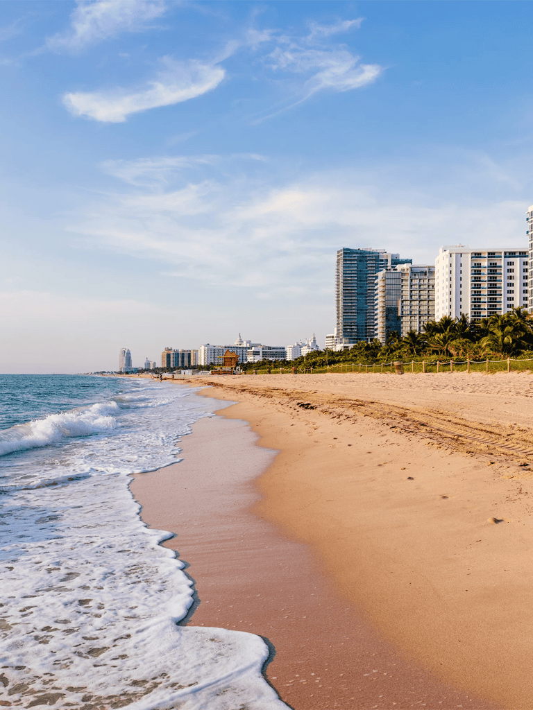 Beautiful beach with city skyline, perfect for travel and vacation planning.