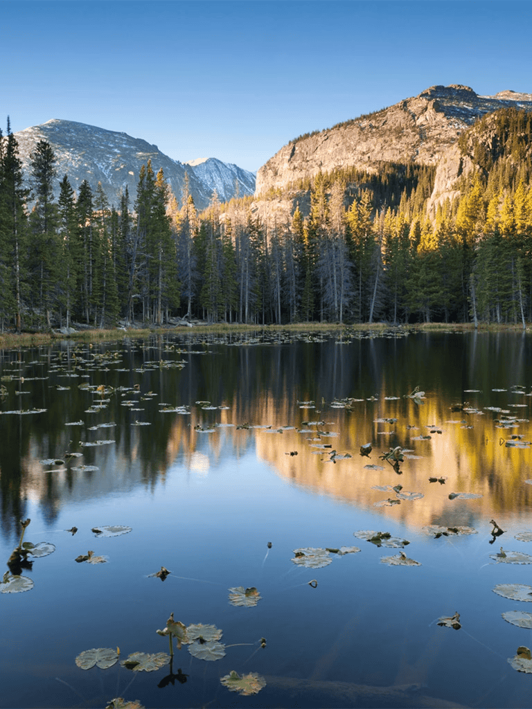 Serene mountain lake surrounded by evergreen trees and scenic mountains in the background.