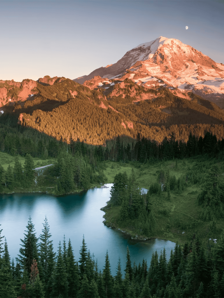 Majestic mountain landscape with snow-capped peak and lush green forested lake view.