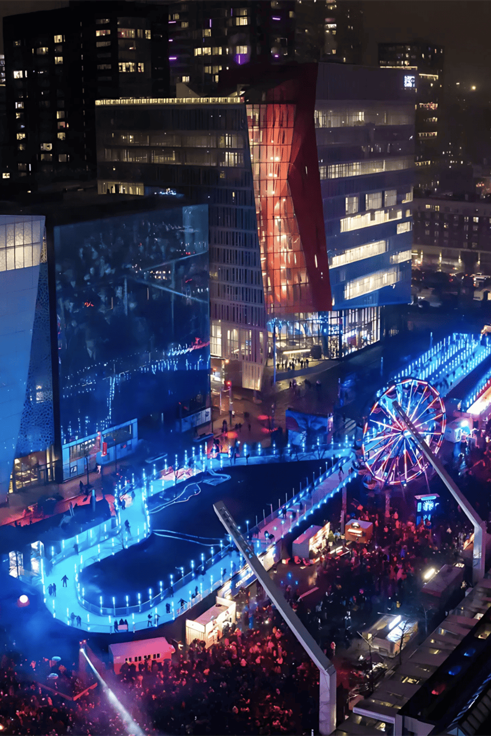 Night downtown skyline with illuminated modern buildings and bright lights, featuring QuestForDirections urban navigation services.