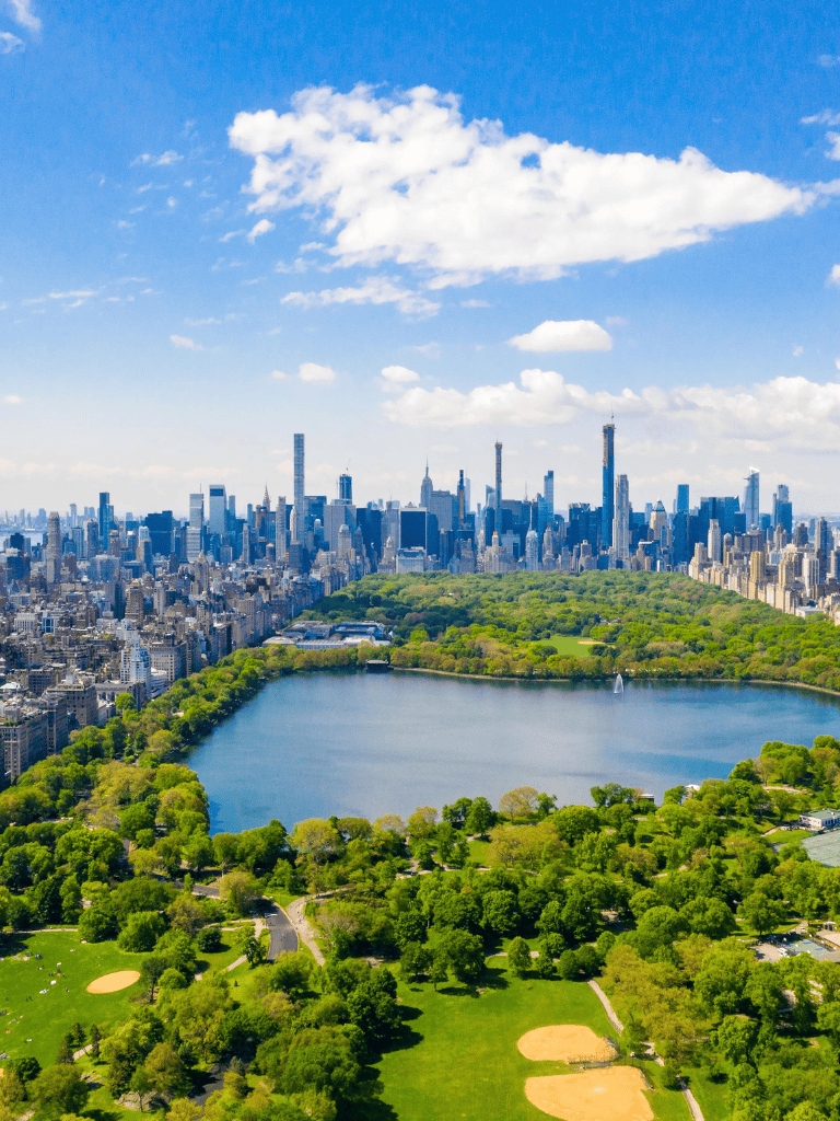 Aerial view of Central Park with New York City skyline in the background on a sunny day.